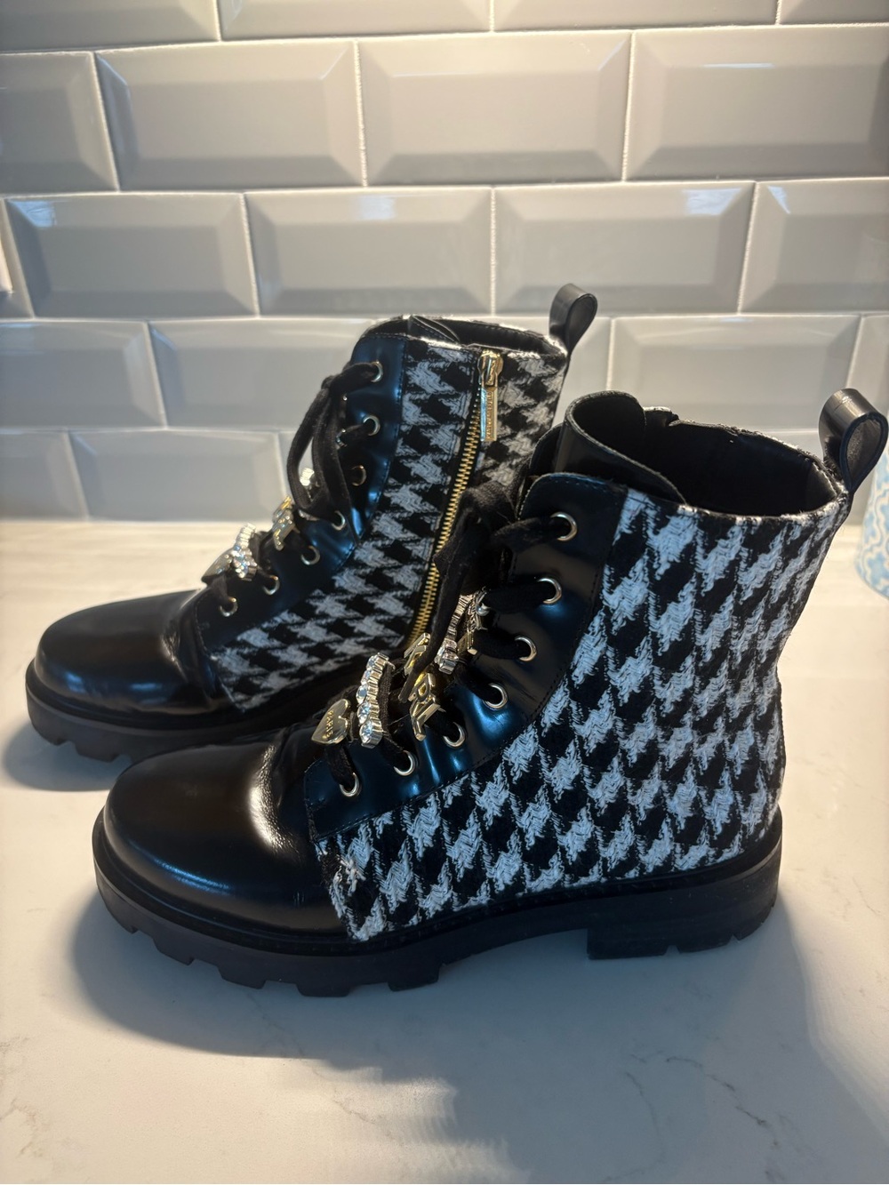 Karl Lagerfeld Black and White Houndstooth Leather Combat Booties - Picture 3 of 9